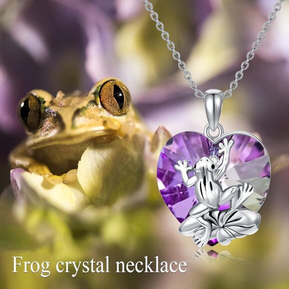 Sterling Silver Frog Pendant Necklace with Heart Crystal for Women - Picture 7 of 8